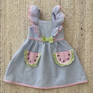 Blueberi Boulevard blue pink white striped seersucker watermelon dress, 24M
